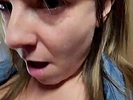 Shameless big-breasted MILF blows her horny man and gets fucked by him in a public place in POV 9