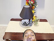 Ebony chick clings to a big black dick with her juicy lips, giving a homemade blowjob in POV 10
