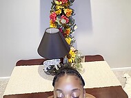 Ebony chick clings to a big black dick with her juicy lips, giving a homemade blowjob in POV 8