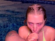 Attractive amateur hottie wraps her full lips around the stud’s thick boner and blows him in the pool 8