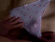 The guy shoves his erect cock under his babe’s panties and cums after rubbing his tool across pussy 4