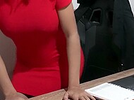 Latina lady-boss dominates her employee when posing almost naked for him to jerk off to her in the office  11