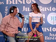 Red-haired coquette in a short skirt enjoys masturbation with a pink toy, commenting hot process on air 6