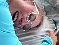 Experienced MILF in glasses burst into the lucky guy's room to suck his dick and to fuck on the sofa 11