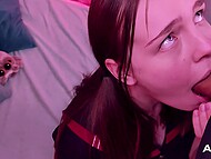 Russian cutie with a pierced tongue gives sweet POV blowjob, provoking her partner to ejaculate 6