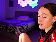 Pig-tailed Latina tart masturbates and gets off while watching Hentai porn for the camera at home 10