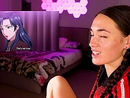 Pig-tailed Latina tart masturbates and gets off while watching Hentai porn for the camera at home 9