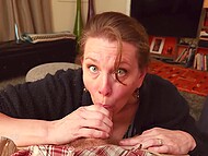 Busty mature slut with hairy pussy sucks cock and spreads legs for a dirty amateur fucking in POV 9