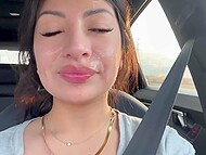 After giving a blowjob in the car, naughty brunette gets cum on her face and shows it to other people 7