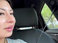 After giving a blowjob in the car, naughty brunette gets cum on her face and shows it to other people 9