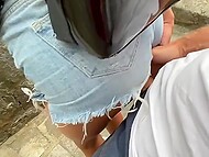 Flirty tourist in sexy shorts shows her small tits and enjoys public fucking with a horny friend 8