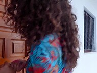 Curly-haired brunette poses for her man’s camera when sucking his dick and getting her ass drilled with it 8