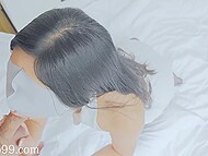Amateur Asian babe with a medical mask on peels pantyhose off to take hubby’s dick into the snatch 5