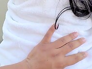 Brown-eyed Asian wench gets on the knees to blow her lover and copulates with him on the balcony 7