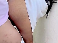 Brown-eyed Asian wench gets on the knees to blow her lover and copulates with him on the balcony 8