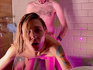 Skinny whore with tiny boobs gags on the man’s pecker and enjoys cum in mouth after sex in the shower 9