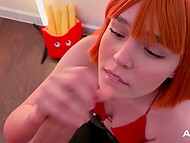 Young red-haired cutie with a tongue piercing gave a deep blowjob in POV and tasted her lover's sperm 4