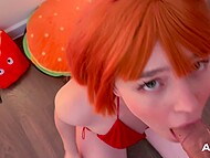 Young red-haired cutie with a tongue piercing gave a deep blowjob in POV and tasted her lover's sperm 7