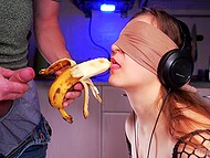 Brunette with tied eyes didn't suspect that instead of vegetables in her mouth would be a scoundrel's cock 8