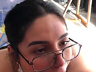 Wearing a seductive maid costume, curvy brunette in glasses gives passionate blowjob to her boyfriend 11