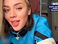 Cute blonde with a nose piercing obediently sucks in POV and gets fucked without taking off her clothes 11