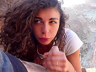 Filthy curly-haired MILF teases her pierced cunt and squirts before blowing her man in the mountains 10