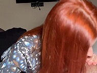 Redhead babe in black stockings spreads legs for a great amateur fucking and gets cumshot on the ass 4