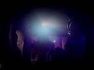 Two sultry babes with perfect perky breasts give head to their men and ride their dicks in the darkness 7