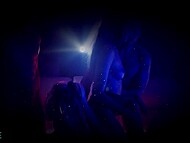 Two sultry babes with perfect perky breasts give head to their men and ride their dicks in the darkness 8
