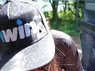 Young long-haired whore showed her huge knockers to seduce some truck driver on blowing him in the bushes 4