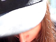 Young long-haired whore showed her huge knockers to seduce some truck driver on blowing him in the bushes 5