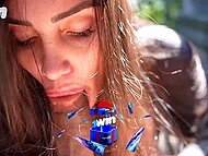 Young long-haired whore showed her huge knockers to seduce some truck driver on blowing him in the bushes 6