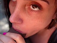 Young long-haired whore showed her huge knockers to seduce some truck driver on blowing him in the bushes 9