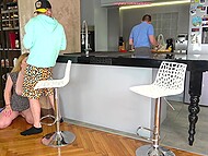 While busty blonde's boyfriend is busy, she lustfully fucks with his friend, hiding behind the table 7