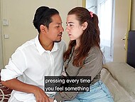 Shy MILF enjoys hot foreplay with her persistent lover and touches his hard dick in the bedroom 7