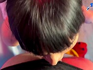 Luscious busty demoness gets on the knees to blow her boyfriend and gets a mouth full of cum in POV 11