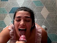 Passionate brunette wench gags on her man’s thick cock and willingly takes his cum on face in POV 11