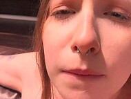 Teen whore poses for her man’s camera when blowing him and gets her twat fucked on the leather couch 9
