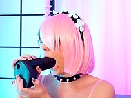 Two horny anime fans show their big tits and masturbate with dildos, trying sexy poses on the sofa 4