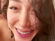 Johnny Sins fucks a beautiful brunette in her trimmed pussy and then cums copiously on her face 10