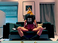 Red-haired chick in torn tights and high heels boldly sits on a dick to get the sweetest orgasm 11