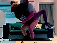 Red-haired chick in torn tights and high heels boldly sits on a dick to get the sweetest orgasm 4