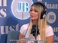 Busty blonde exposed her shaved pussy and sat on a vibrator, during conversation with a man 4