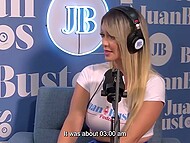 Busty blonde exposed her shaved pussy and sat on a vibrator, during conversation with a man 5