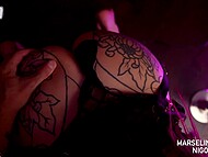 Tattooed bitch Marseline Black put on black lingerie and sucked off a dude in an intimate setting 10