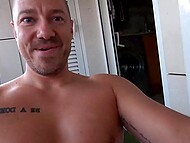 Inked blonde blows her man and gets her face covered with jizz in various places in porn compilation 5