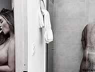 Busty Latina spies on the muscular stud in the shower and lures him on fucking in the hotel room 4