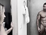 Busty Latina spies on the muscular stud in the shower and lures him on fucking in the hotel room 6