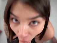 Beautiful brunette with a bob put on a black bodysuit and sucked off her friend, wanting to taste sperm 9