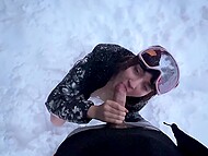 In the snowy mountains, Emma Fiore gets horny and gives a blowjob in POV, receiving cum in her mouth 11
